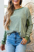 Ribbed Thermal Stripe Drop Shoulder Exposed Seam Patchwork Long Sleeve Top